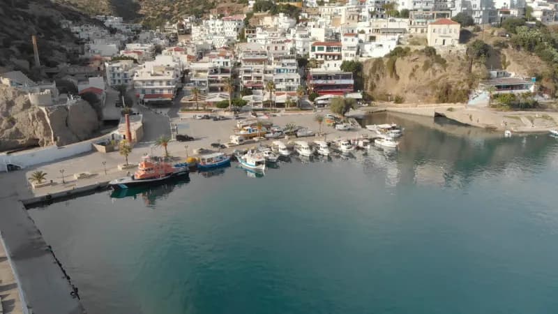 Drone view of a Greek town by the coast